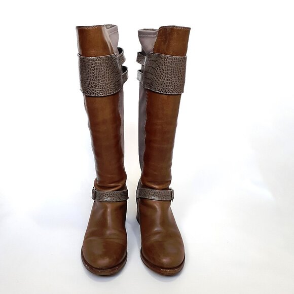 COLE & HAAN Tennley Knee High Buckle Boot in Ironstone Brown & Gray Leather - Picture 2 of 14
